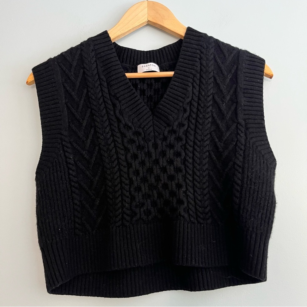 Aritzia Babaton Emporia Merino Wool V-Neck Sweater Vest Black Small Cable Knit - Picture 4 of 11